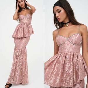 For Love & Lemons Shai Maxi Dress Sz M Blush Pink Lace Floral Rhinestone Corset